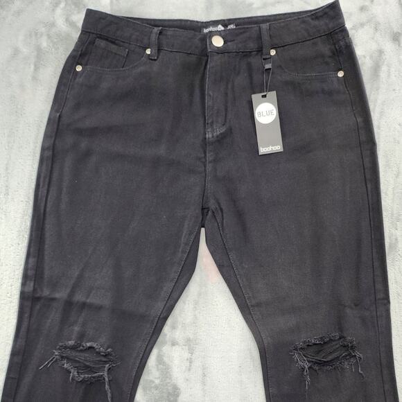 NEW Boohoo Jeans Womens 12 Black High Rise Distressed Straight Leg Stretch Denim - Picture 2 of 13
